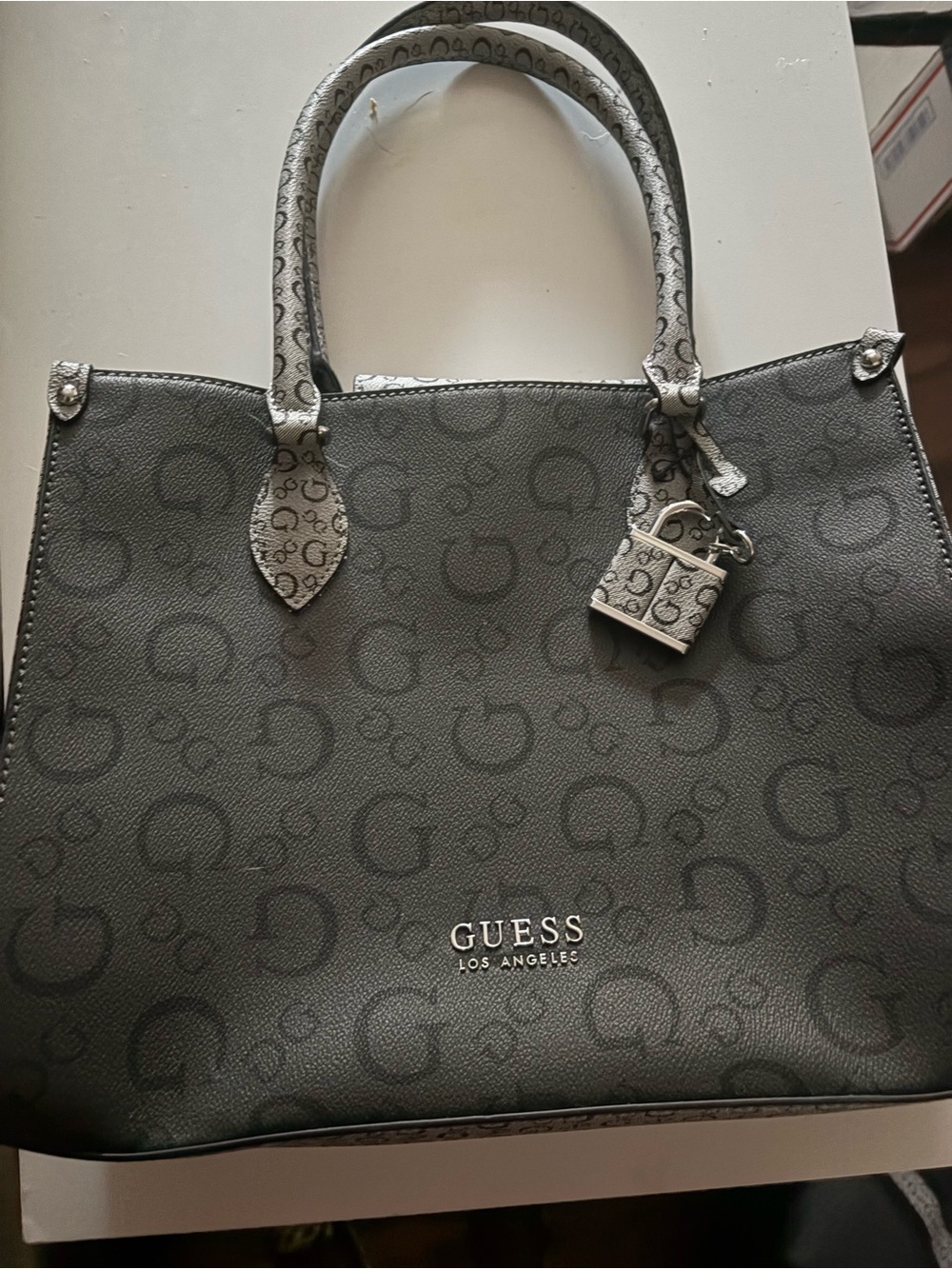 GUESS Black and Gray Monogram Tote Handbag